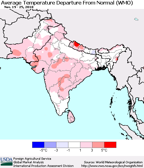 Southern Asia Average Temperature Departure from Normal (WMO) Thematic Map For 11/19/2018 - 11/25/2018