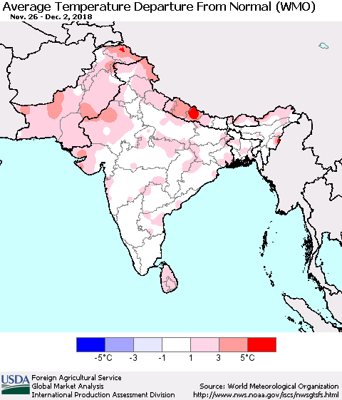 Southern Asia Average Temperature Departure from Normal (WMO) Thematic Map For 11/26/2018 - 12/2/2018