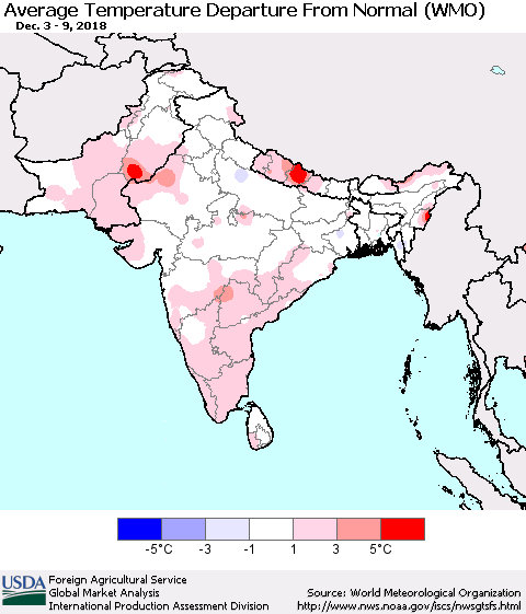 Southern Asia Average Temperature Departure from Normal (WMO) Thematic Map For 12/3/2018 - 12/9/2018