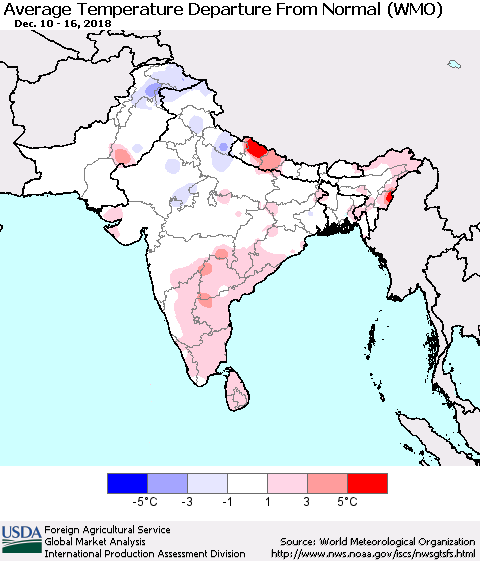 Southern Asia Average Temperature Departure from Normal (WMO) Thematic Map For 12/10/2018 - 12/16/2018