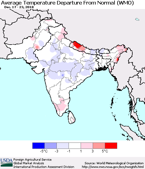 Southern Asia Average Temperature Departure from Normal (WMO) Thematic Map For 12/17/2018 - 12/23/2018