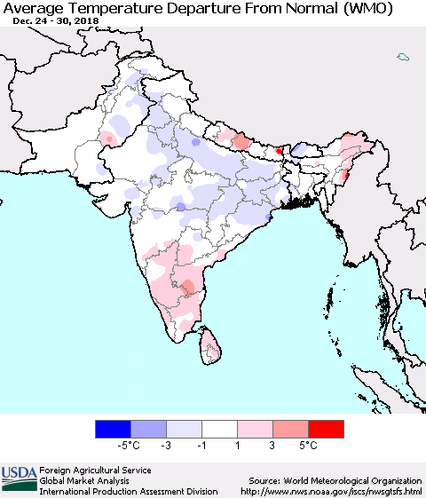 Southern Asia Average Temperature Departure from Normal (WMO) Thematic Map For 12/24/2018 - 12/30/2018