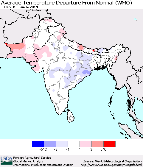 Southern Asia Average Temperature Departure from Normal (WMO) Thematic Map For 12/31/2018 - 1/6/2019