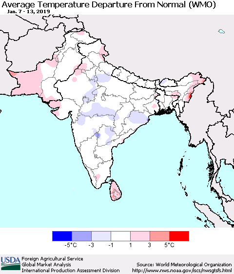 Southern Asia Average Temperature Departure from Normal (WMO) Thematic Map For 1/7/2019 - 1/13/2019