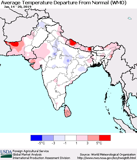 Southern Asia Average Temperature Departure from Normal (WMO) Thematic Map For 1/14/2019 - 1/20/2019