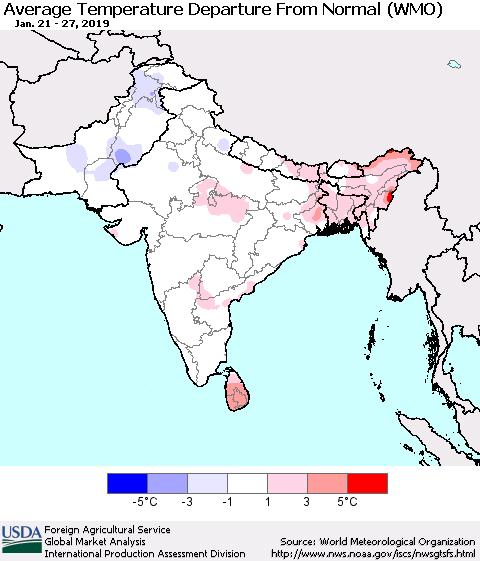 Southern Asia Average Temperature Departure from Normal (WMO) Thematic Map For 1/21/2019 - 1/27/2019