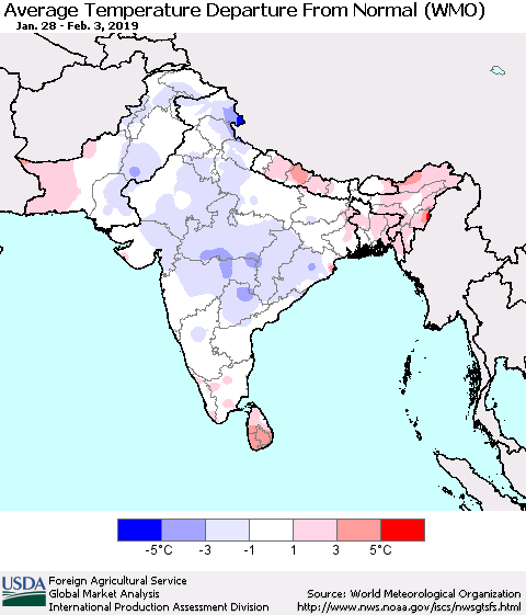 Southern Asia Average Temperature Departure from Normal (WMO) Thematic Map For 1/28/2019 - 2/3/2019