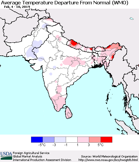 Southern Asia Average Temperature Departure from Normal (WMO) Thematic Map For 2/4/2019 - 2/10/2019
