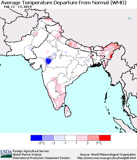 Southern Asia Average Temperature Departure from Normal (WMO) Thematic Map For 2/11/2019 - 2/17/2019