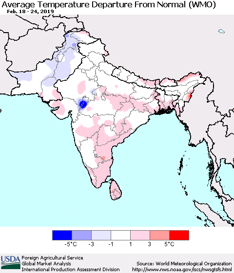 Southern Asia Average Temperature Departure from Normal (WMO) Thematic Map For 2/18/2019 - 2/24/2019