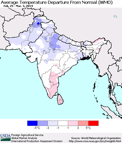 Southern Asia Average Temperature Departure from Normal (WMO) Thematic Map For 2/25/2019 - 3/3/2019