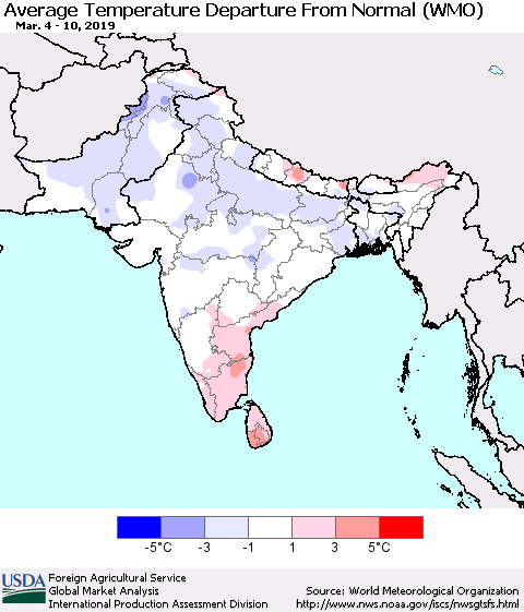 Southern Asia Average Temperature Departure from Normal (WMO) Thematic Map For 3/4/2019 - 3/10/2019