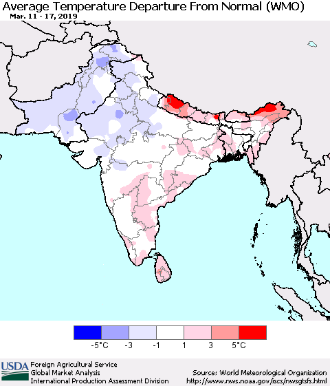 Southern Asia Average Temperature Departure from Normal (WMO) Thematic Map For 3/11/2019 - 3/17/2019