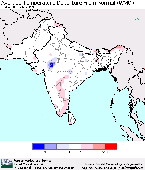 Southern Asia Average Temperature Departure from Normal (WMO) Thematic Map For 3/18/2019 - 3/24/2019