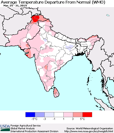 Southern Asia Average Temperature Departure from Normal (WMO) Thematic Map For 3/25/2019 - 3/31/2019