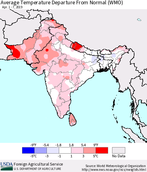 Southern Asia Average Temperature Departure from Normal (WMO) Thematic Map For 4/1/2019 - 4/7/2019
