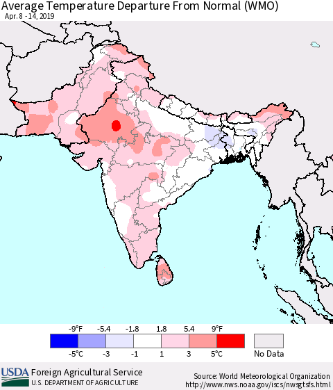 Southern Asia Average Temperature Departure from Normal (WMO) Thematic Map For 4/8/2019 - 4/14/2019