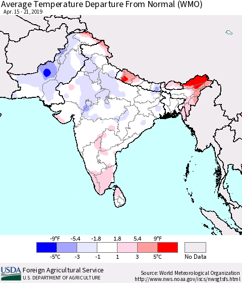 Southern Asia Average Temperature Departure from Normal (WMO) Thematic Map For 4/15/2019 - 4/21/2019