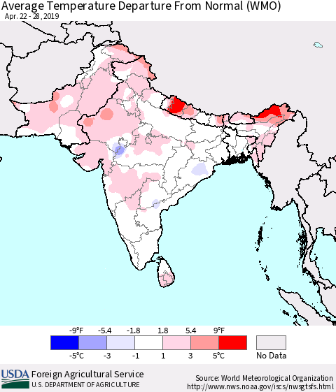 Southern Asia Average Temperature Departure from Normal (WMO) Thematic Map For 4/22/2019 - 4/28/2019