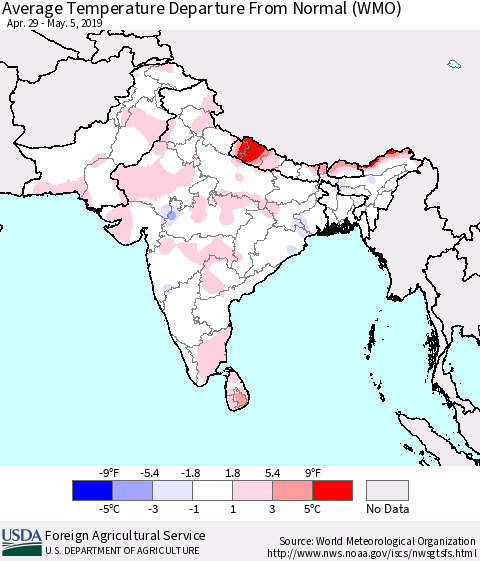 Southern Asia Average Temperature Departure from Normal (WMO) Thematic Map For 4/29/2019 - 5/5/2019