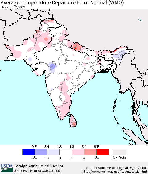 Southern Asia Average Temperature Departure From Normal (WMO) Thematic Map For 5/6/2019 - 5/12/2019