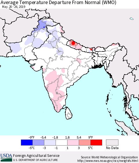 Southern Asia Average Temperature Departure From Normal (WMO) Thematic Map For 5/20/2019 - 5/26/2019