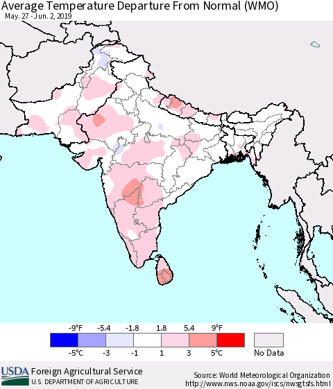 Southern Asia Average Temperature Departure From Normal (WMO) Thematic Map For 5/27/2019 - 6/2/2019