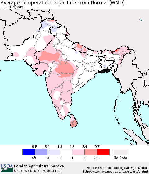 Southern Asia Average Temperature Departure From Normal (WMO) Thematic Map For 6/3/2019 - 6/9/2019