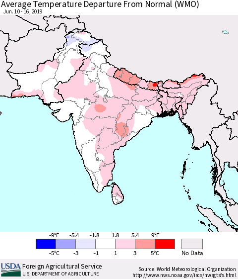 Southern Asia Average Temperature Departure From Normal (WMO) Thematic Map For 6/10/2019 - 6/16/2019