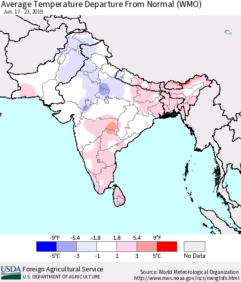 Southern Asia Average Temperature Departure From Normal (WMO) Thematic Map For 6/17/2019 - 6/23/2019