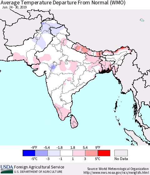 Southern Asia Average Temperature Departure From Normal (WMO) Thematic Map For 6/24/2019 - 6/30/2019