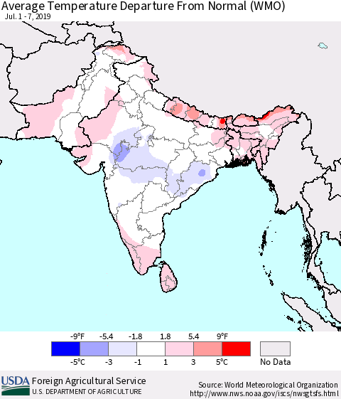 Southern Asia Average Temperature Departure From Normal (WMO) Thematic Map For 7/1/2019 - 7/7/2019