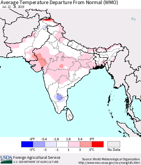 Southern Asia Average Temperature Departure From Normal (WMO) Thematic Map For 7/22/2019 - 7/28/2019