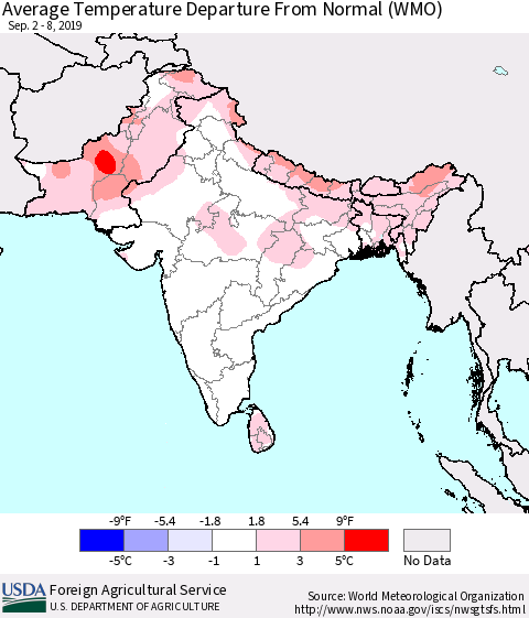 Southern Asia Average Temperature Departure From Normal (WMO) Thematic Map For 9/2/2019 - 9/8/2019