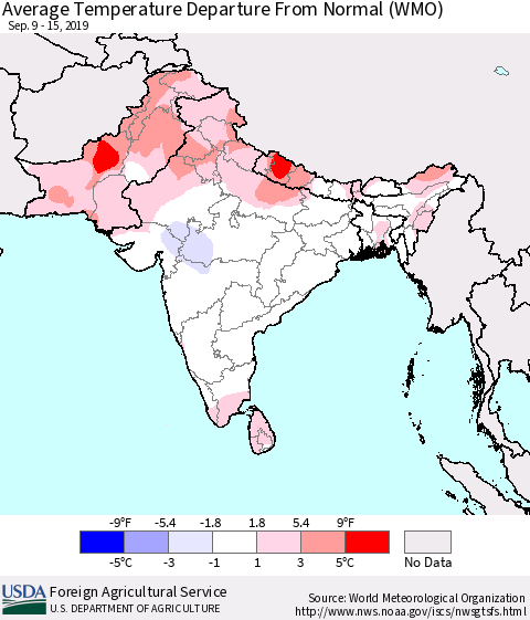 Southern Asia Average Temperature Departure From Normal (WMO) Thematic Map For 9/9/2019 - 9/15/2019