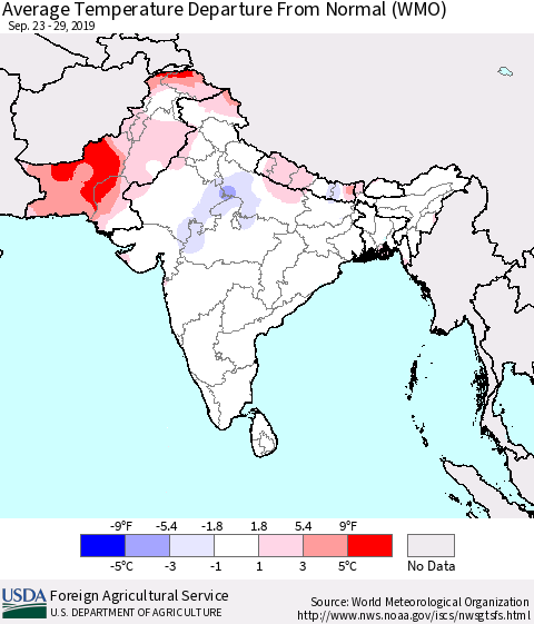 Southern Asia Average Temperature Departure From Normal (WMO) Thematic Map For 9/23/2019 - 9/29/2019