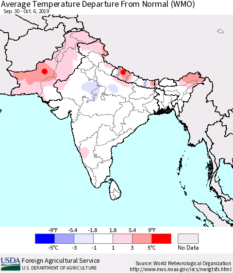 Southern Asia Average Temperature Departure From Normal (WMO) Thematic Map For 9/30/2019 - 10/6/2019