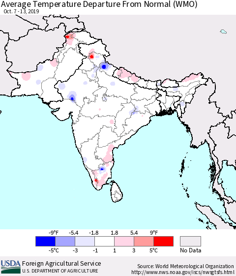 Southern Asia Average Temperature Departure From Normal (WMO) Thematic Map For 10/7/2019 - 10/13/2019