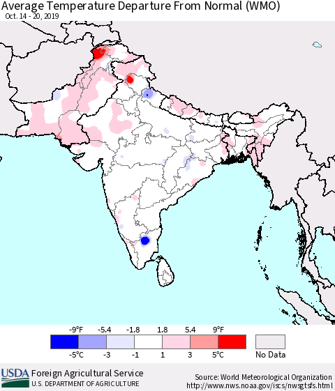 Southern Asia Average Temperature Departure from Normal (WMO) Thematic Map For 10/14/2019 - 10/20/2019