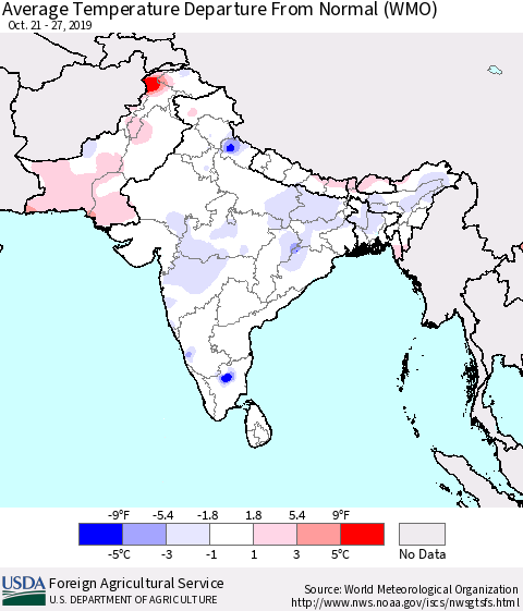 Southern Asia Average Temperature Departure from Normal (WMO) Thematic Map For 10/21/2019 - 10/27/2019