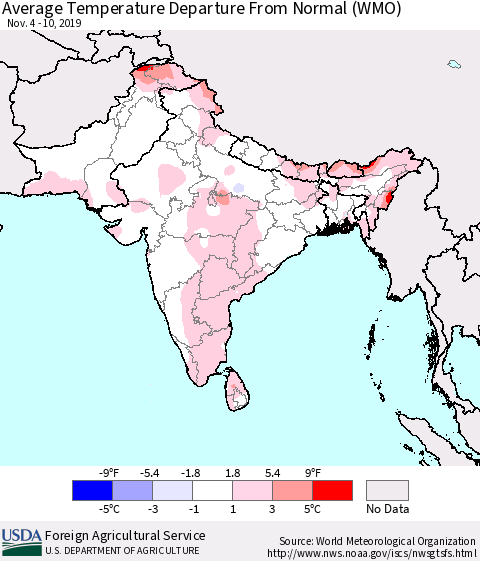 Southern Asia Average Temperature Departure from Normal (WMO) Thematic Map For 11/4/2019 - 11/10/2019