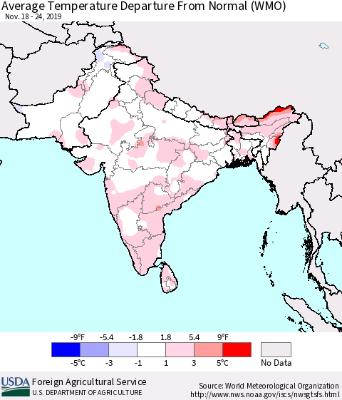 Southern Asia Average Temperature Departure from Normal (WMO) Thematic Map For 11/18/2019 - 11/24/2019