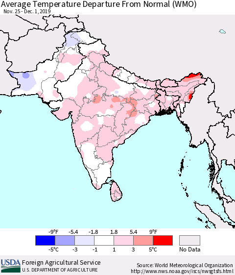 Southern Asia Average Temperature Departure from Normal (WMO) Thematic Map For 11/25/2019 - 12/1/2019