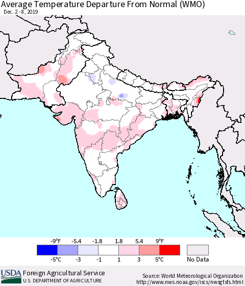 Southern Asia Average Temperature Departure from Normal (WMO) Thematic Map For 12/2/2019 - 12/8/2019