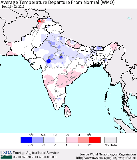 Southern Asia Average Temperature Departure from Normal (WMO) Thematic Map For 12/16/2019 - 12/22/2019