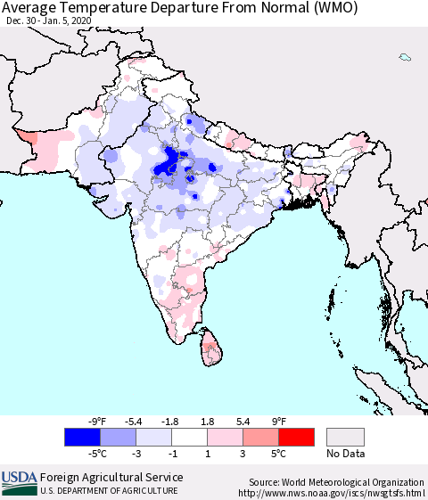 Southern Asia Average Temperature Departure from Normal (WMO) Thematic Map For 12/30/2019 - 1/5/2020