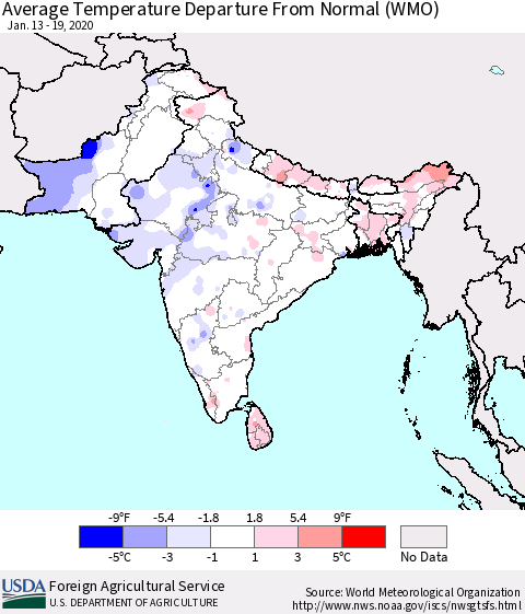 Southern Asia Average Temperature Departure from Normal (WMO) Thematic Map For 1/13/2020 - 1/19/2020