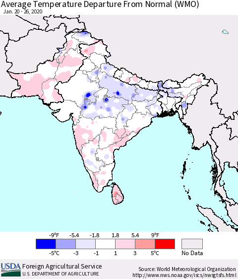 Southern Asia Average Temperature Departure from Normal (WMO) Thematic Map For 1/20/2020 - 1/26/2020