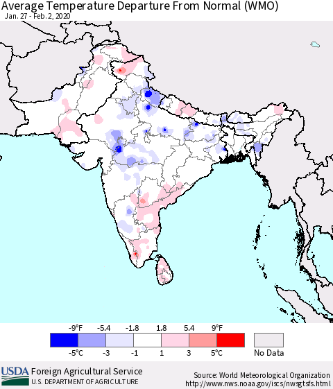 Southern Asia Average Temperature Departure from Normal (WMO) Thematic Map For 1/27/2020 - 2/2/2020