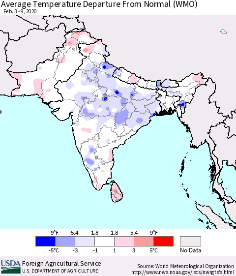 Southern Asia Average Temperature Departure from Normal (WMO) Thematic Map For 2/3/2020 - 2/9/2020